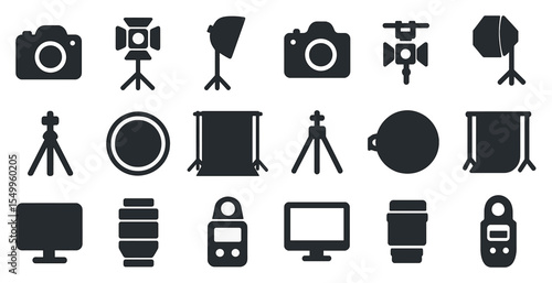 Camera equipment solid icons set – filled, photography, video production symbols