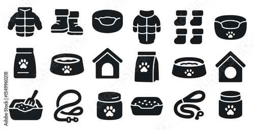 Pet care solid icons set – silhouette, filled, animal and grooming symbols