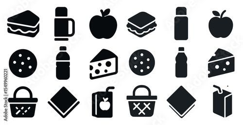 Food and drink solid icons set – filled, picnic, beverage and snack symbols