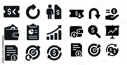 Financial and business solid icons set – flat, filled, finance and economy symbols