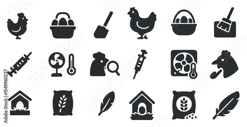 Poultry and farming solid icons set – flat, filled, agriculture and livestock symbols