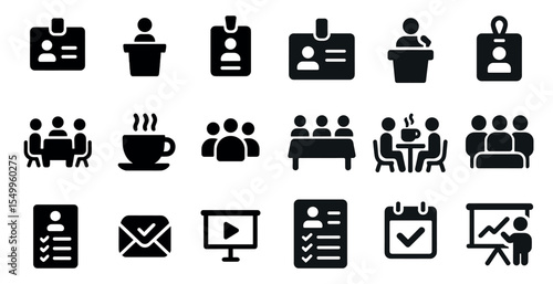 Business meeting solid icons set – flat, filled, conference and office symbols