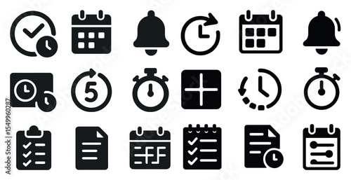 Calendar and timer solid icons set – filled, clock, schedule management symbols