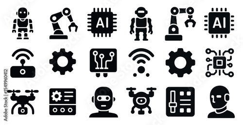 Technology and ai solid icons set – robotics, gadget, digital innovation symbols