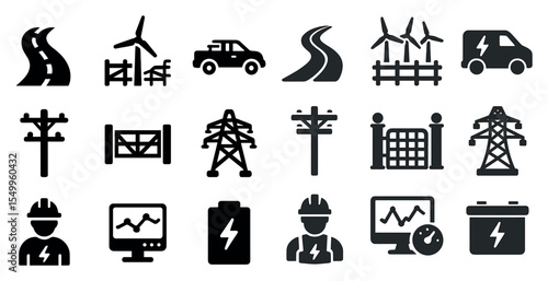 Renewable energy solid icons set – power, sustainable, eco-friendly symbols
