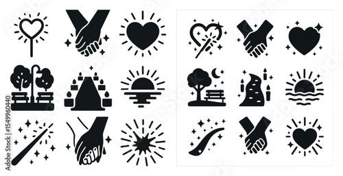 Love and romance silhouette icons set – filled, solid, relationship and affection symbols