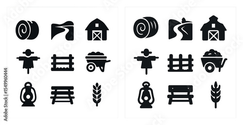 Farming and agriculture silhouette icons set – solid, outline, harvest designs