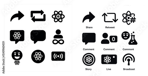 Social media communication solid icons set – filled, chat, network symbols