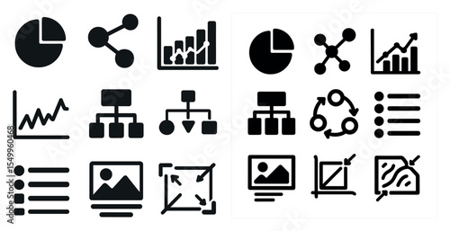 Data analysis solid icons set – filled, flat, charts, and graph symbols