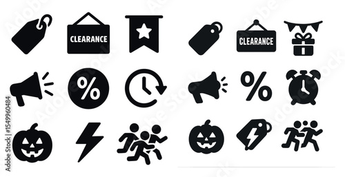 Retail and clearance solid icons set – filled, shopping and sales symbols