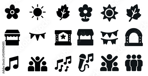 Outdoor festival solid icons set – filled, silhouette, event and celebration symbols