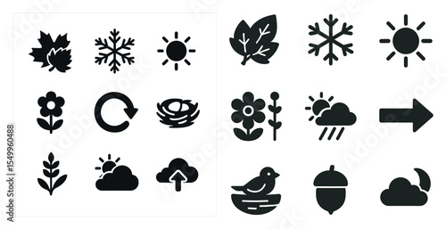 Weather and nature solid icons set – filled, silhouette, climate symbols