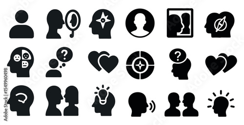 Silhouette profile icons set – solid, flat, human and psychology symbols