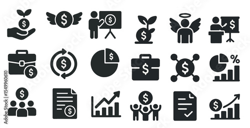 Finance and business solid icons set – flat, filled, money and investment symbols