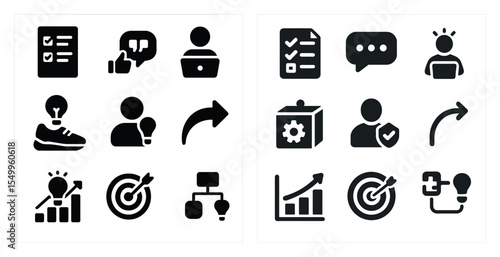 Business and strategy solid icons set – silhouette, filled, corporate symbols