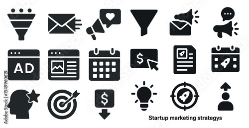 Digital marketing solid icons set – filled, advertising, promotional graphics