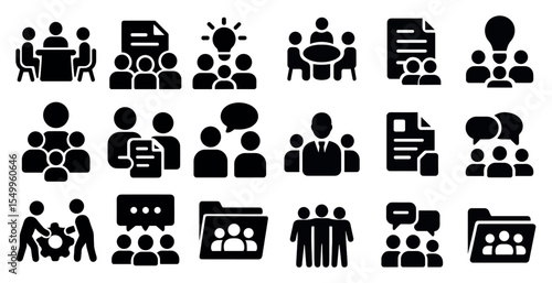 Business and teamwork solid icons set – filled, collaboration, corporate symbols