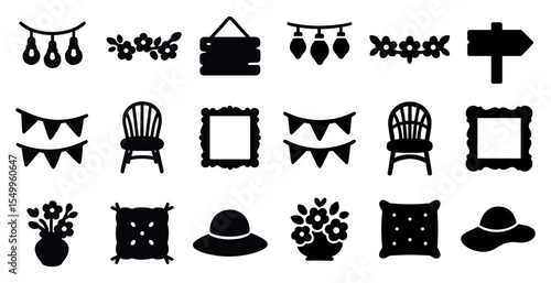 Home decor silhouette icons set – furniture, floral, decorative symbols