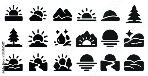 Nature and landscape icons set – solid, silhouette, outdoor scenery symbols