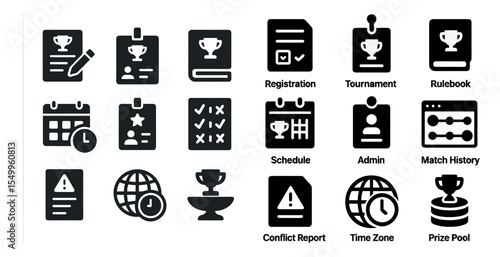 E-sports and gaming solid icons set – flat, filled, tournament and trophy symbols
