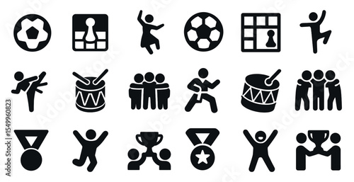 Sports and recreation solid icons set – silhouette, filled, fitness and teamwork symbols