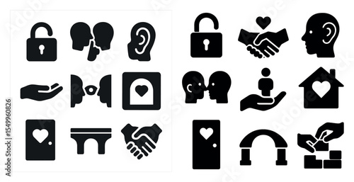 Privacy and communication solid icons set – secure, silhouette, interaction symbols