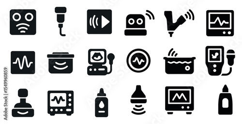 Ultrasound diagnostic solid icons set – filled, medical imaging, scan symbols