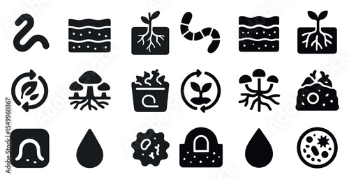 Plant growth solid icons set – filled, soil, root and agriculture symbols