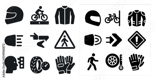 Motorcycle safety solid icons set – filled, biking, protective gear symbols