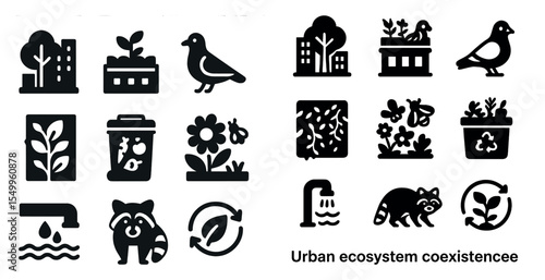 Urban nature silhouette icons set – solid, filled, city wildlife and ecosystem designs