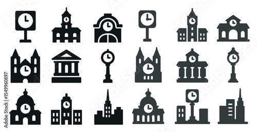 Clock tower silhouette icons set – architecture, time, urban design symbols