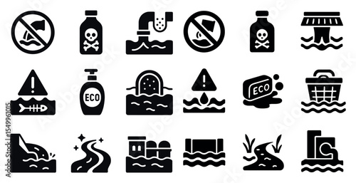 Environmental pollution solid icons set - waste, eco hazard, contamination symbols
