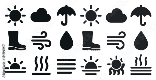 Weather forecast solid icons set – silhouette, meteorology, climate symbols
