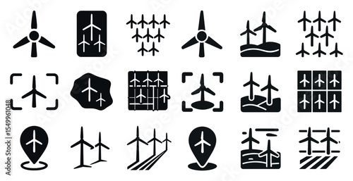 Wind energy silhouette icons set – solid, renewable, turbine symbols for eco designs