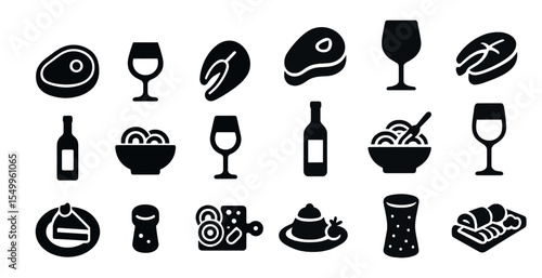 Wine and food solid icons set – filled, gourmet, culinary symbols