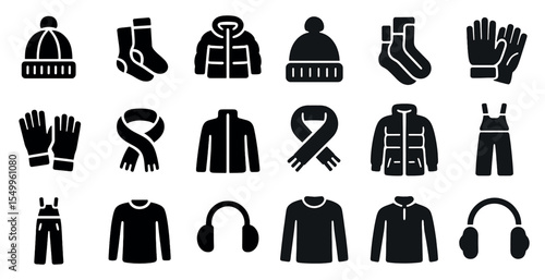Winter clothing silhouette icons set – flat, solid, warm apparel symbols