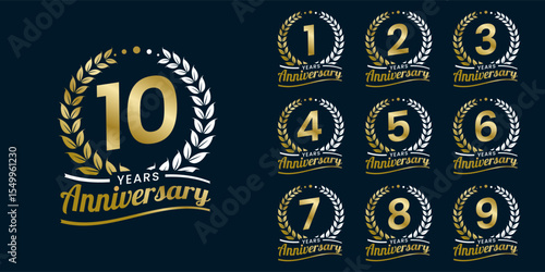 Set of vector icon or logo designs for 1st to 10th anniversary with laurel wreath, in gold color for celebrations, weddings and birthdays