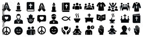 Religious and spiritual solid icons set – worship, faith, meditation symbols