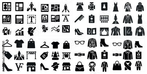 Fashion and style solid icons set – silhouette, clothing, and accessory symbols