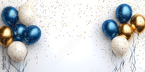 Blue white and golden balloons with confetti falling in this picture. 