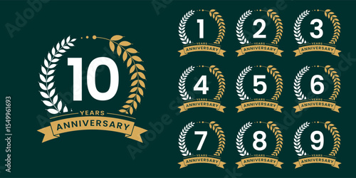 Set of vector icon or logo designs for 1st to 10th anniversary with laurel wreath, in gold color for celebrations, weddings and birthdays