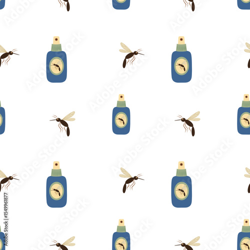 Mosquito insect repellent bottle and mosquitoes seamless pattern. Abstract and minimalist pattern