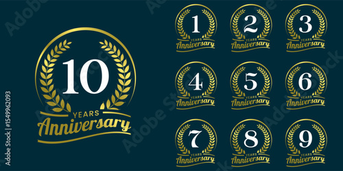 Set of vector icon or logo designs for 1st to 10th anniversary with laurel wreath, in gold color for celebrations, weddings and birthdays