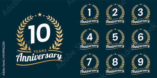 Set of vector icon or logo designs for 1st to 10th anniversary with laurel wreath, in gold color for celebrations, weddings and birthdays