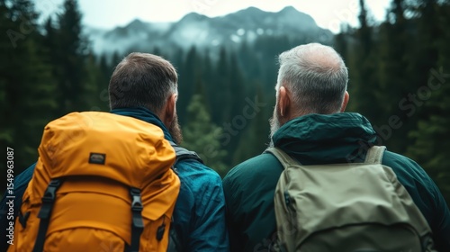 Wallpaper Mural Two bearded men, backpacks on, stand together gazing at the stunning mountain landscape, embodying friendship, adventure, and the beauty of the outdoors. Torontodigital.ca