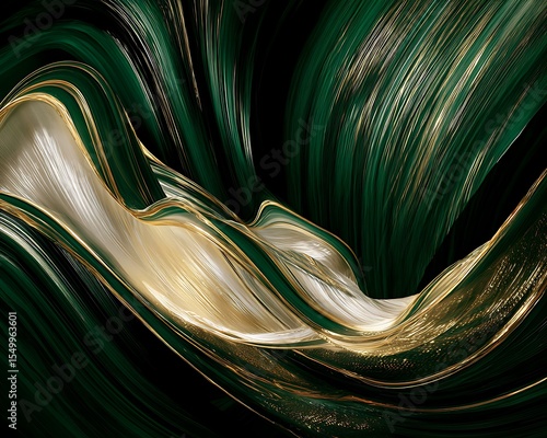 Abstract swirls of emerald green, gold, and cream