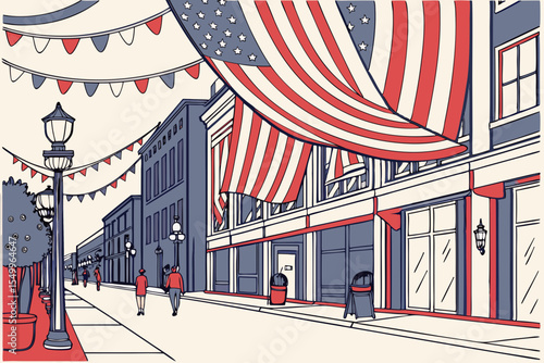 American flags lining a main street in preparation for the 4th of July 2025 celebrations
