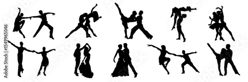 Silhouettes of dancers, couple dances, modern dance positions. Dynamic, elegant figures demonstrating various dance moves. Ideal for design projects related to dance, performing arts, fitness