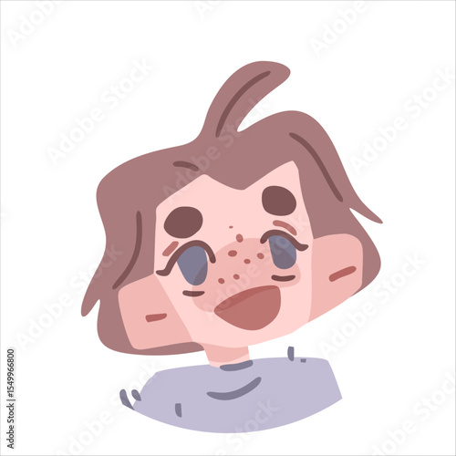 Cartoon Freckled Kid Smiling Portrait. Flat cartoon portrait of a smiling freckled child with tousled brown hair and big eyebrows. Soft pastel colors, front view, isolated on white.