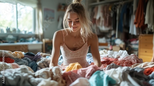 A cheerful young woman joyfully sorts through a colorful pile of clothes strewn across her bed, demonstrating creativity and sanity amidst the chaos of her room.